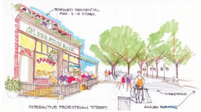 artists drawing of streetscape in Kensington Sunnyside calgary